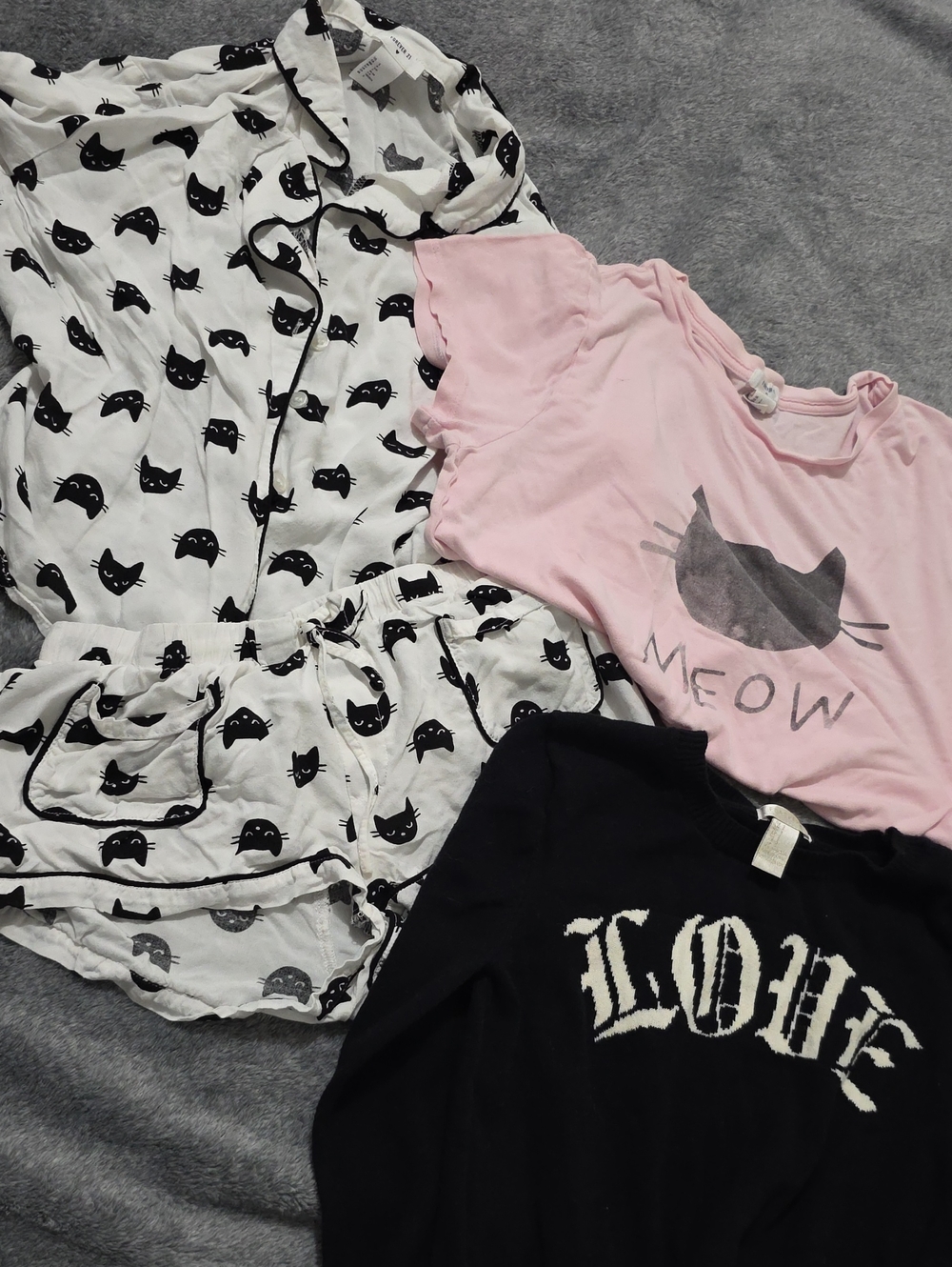 Forever 21 Cozy Cat Loungewear Pajama Bundle Set 4PC Black Pink S